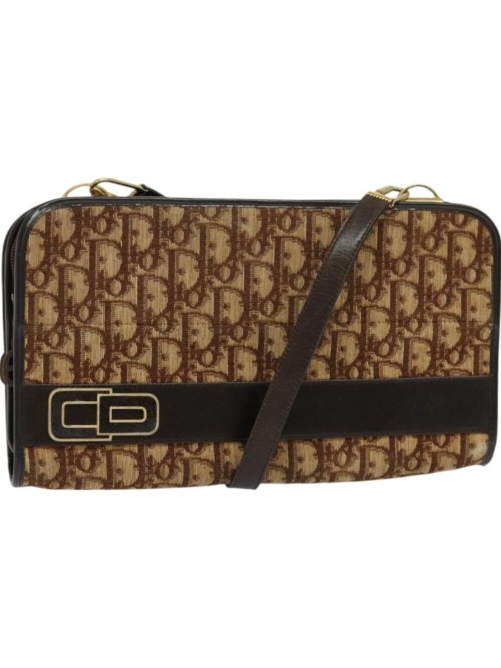 Christian Dior Trotter Canvas Shoulder Bag Brown Gold